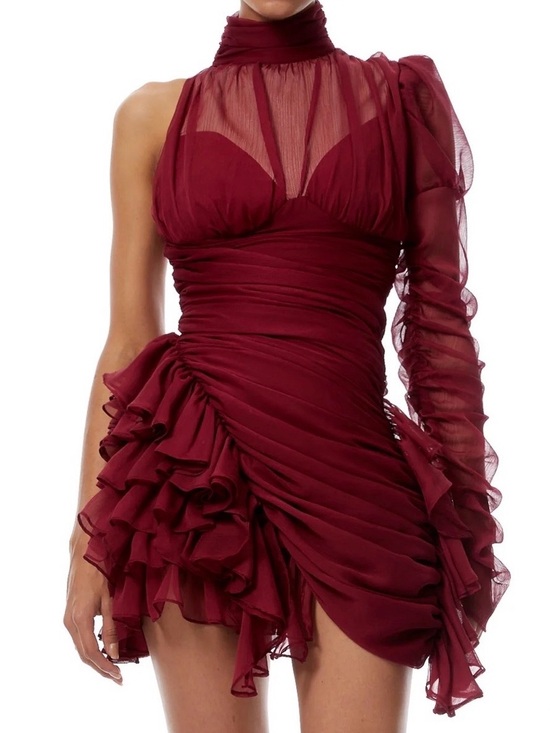 Miss Rosier Dresses & Skirts - Miss Rosier One-Shoulder Burgundy Ruffle Mini Dress